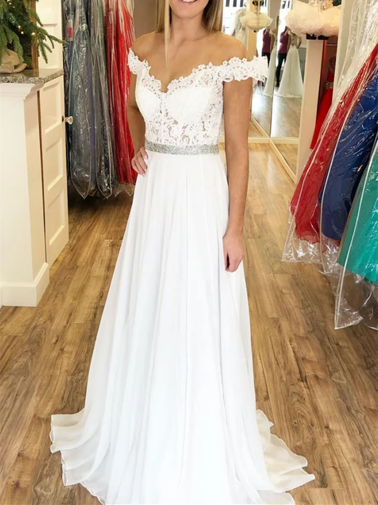 A Line Off Shoulder Lace Chiffon Long Prom Dresses Formal Evening Dresses